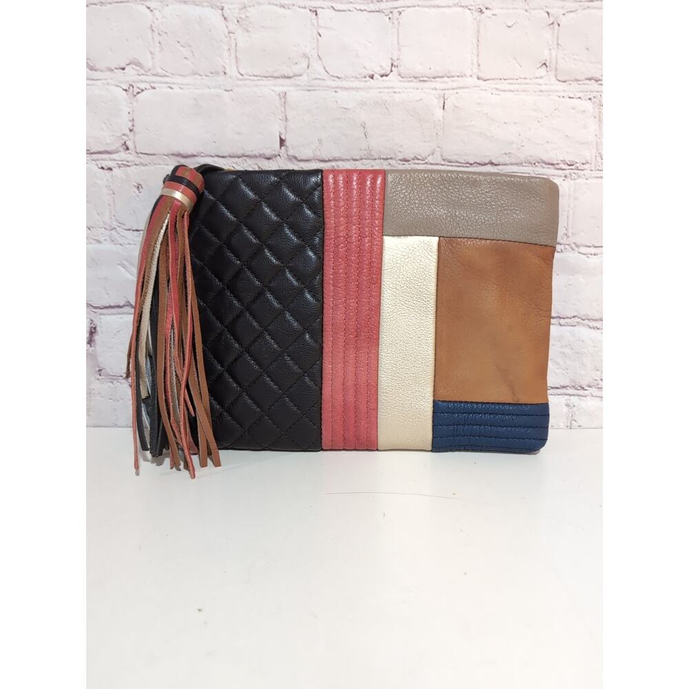 Margot Leather Quilted Neutral Colorblock Clutch Bag Tablet Tassel travel